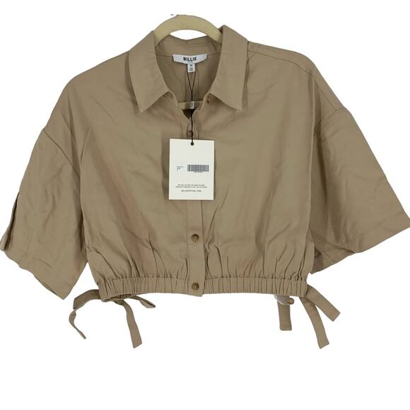 Billie the Label Imogene Crop Top Linen Blend Khaki Medium Collar Button Tencel - Picture 1 of 9